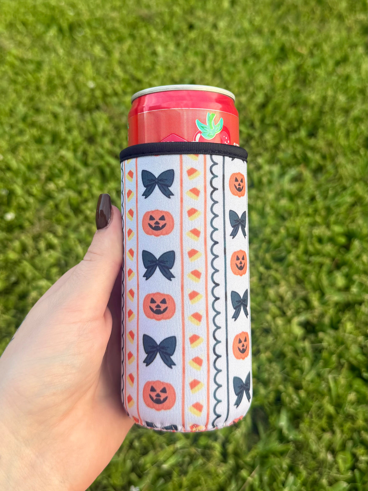Halloween Pumpkin/Bow/Candy Corn Slim Can Sleeve