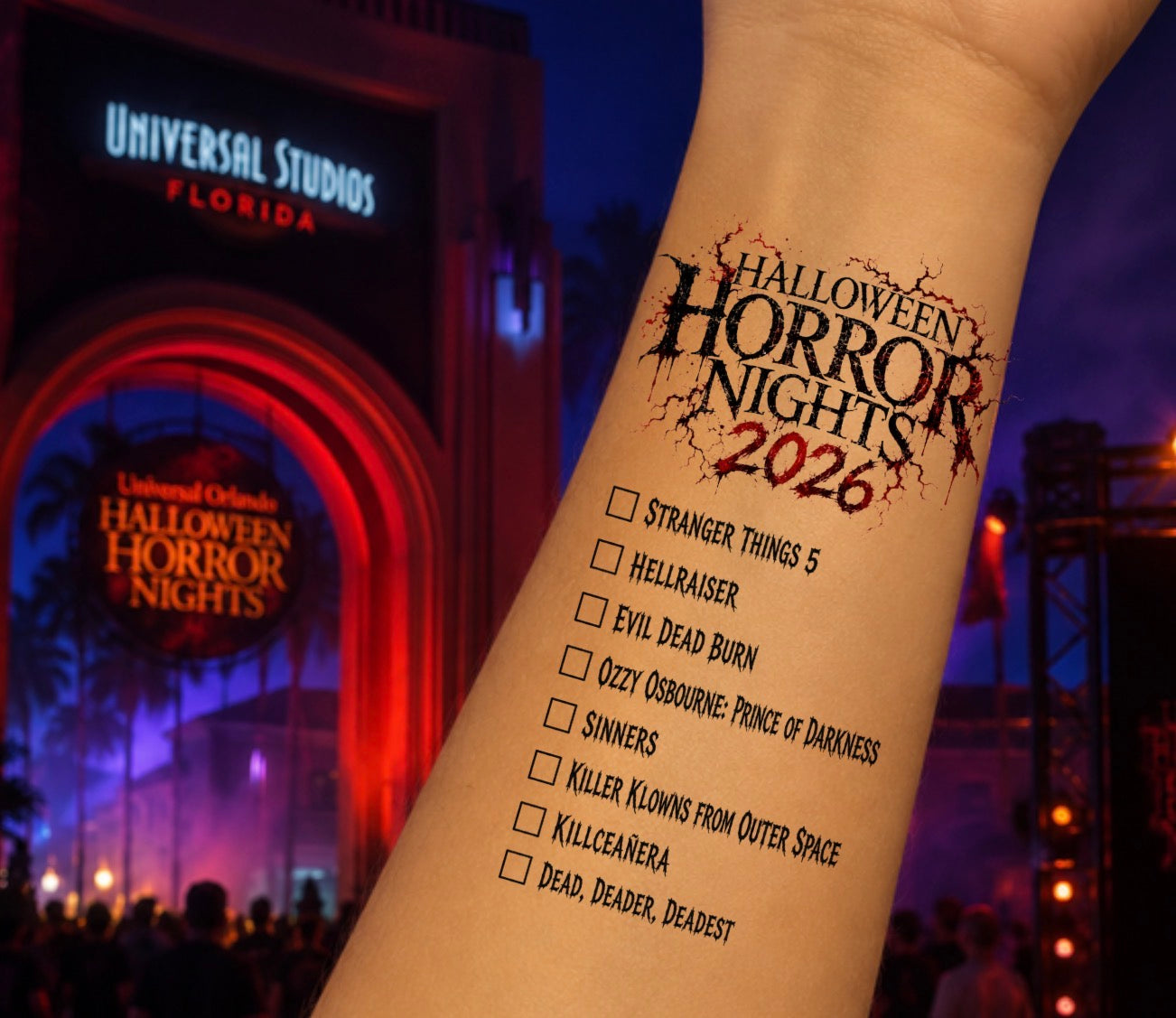 Halloween Horror Nights Hollywood 2026 Checklist Temporary Tattoo