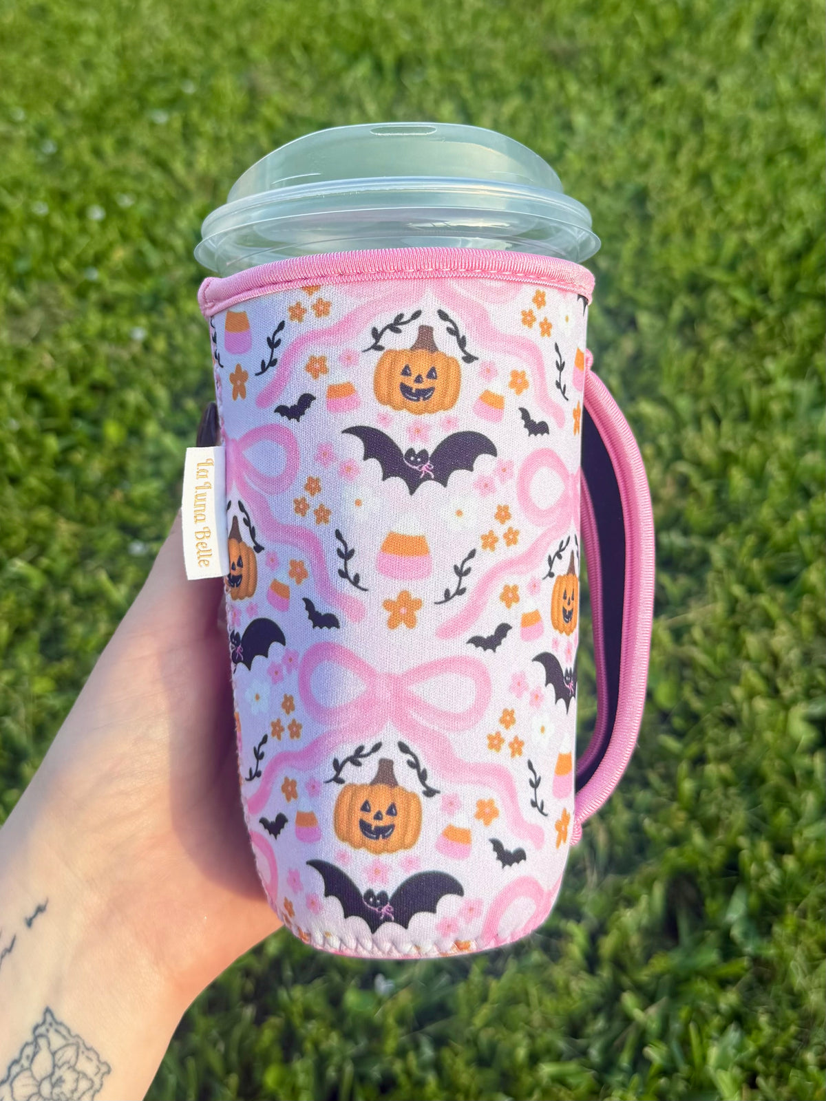Pink Halloween Pumpkin/Bat Large Cup Sleeve With Handle