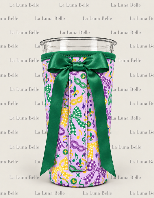 Pre Order: Mardi Gras Bow & Mask Large Cup Sleeve