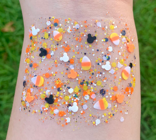 Candy Corn Mouse With Black Organic Hair/Body/Face Halloween Glitter