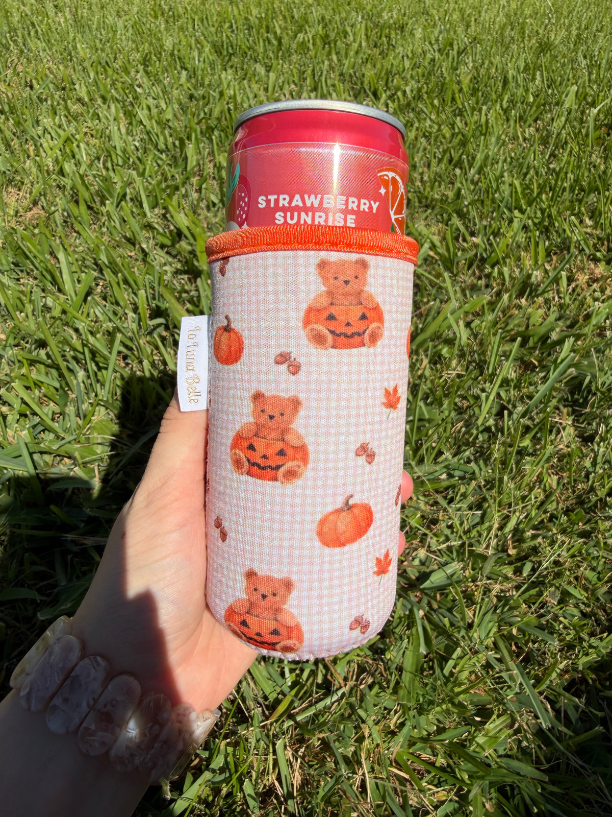 Teddy Bear Pumpkin Slim Can Cup Sleeve
