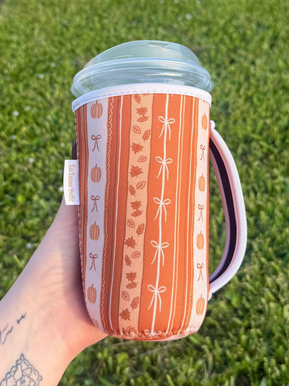 Fall Stripe Pumpkin/Bow Large Cup Sleeve With Handle