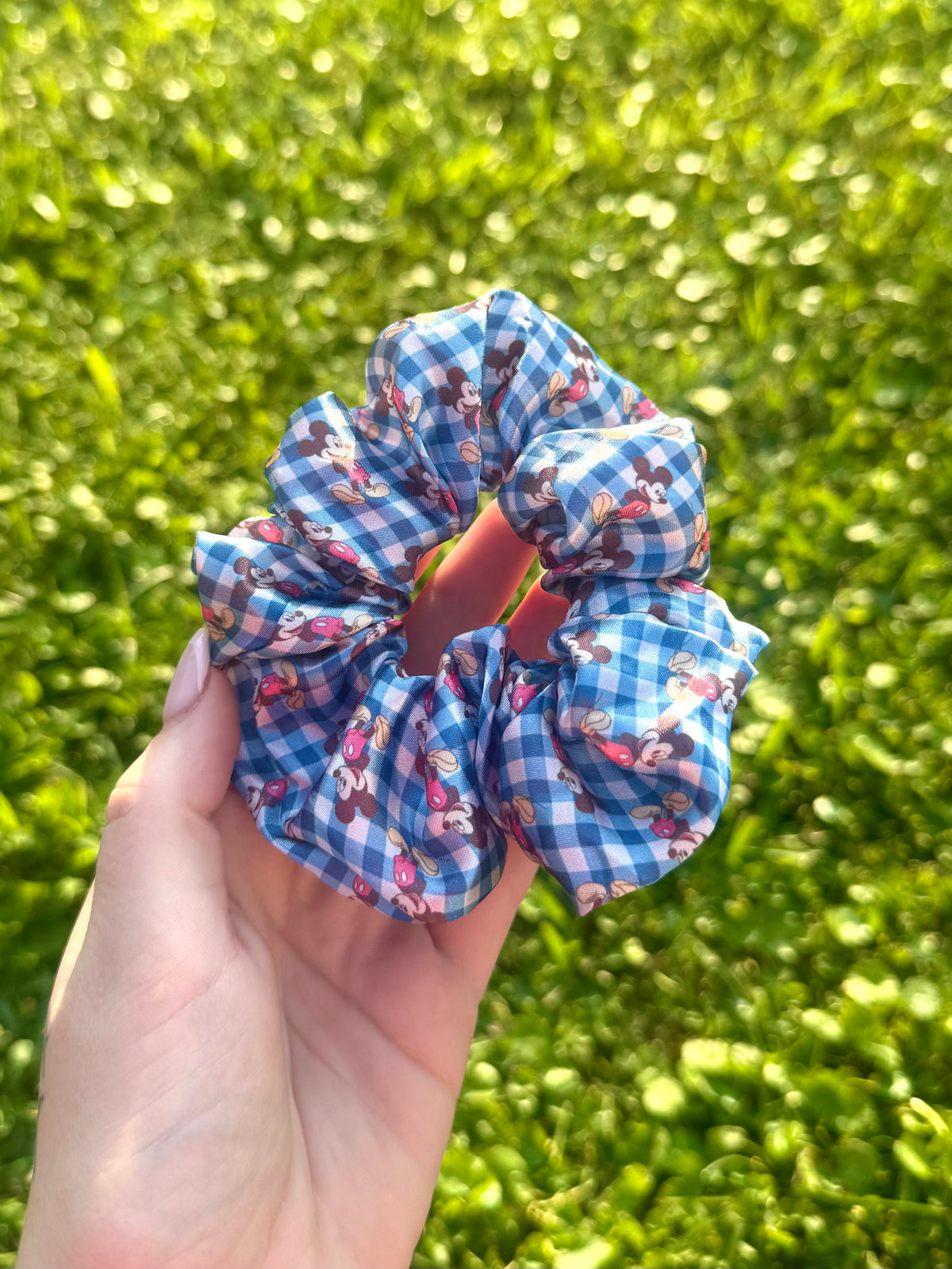 Disney Blue Mickey Gingham Satin Scrunchie