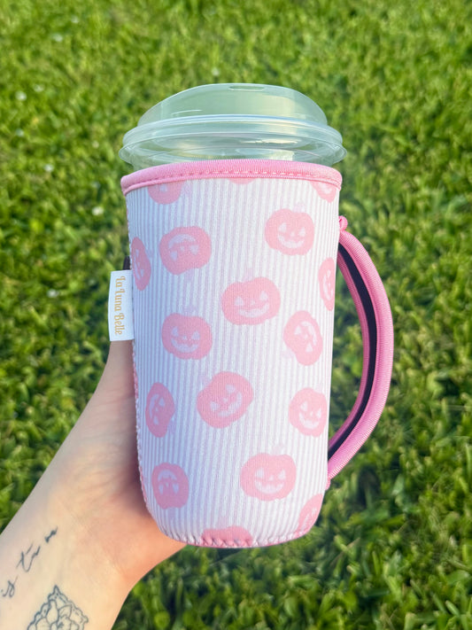 Pink Striped Pumpkin Large Cup Sleeve With Handle