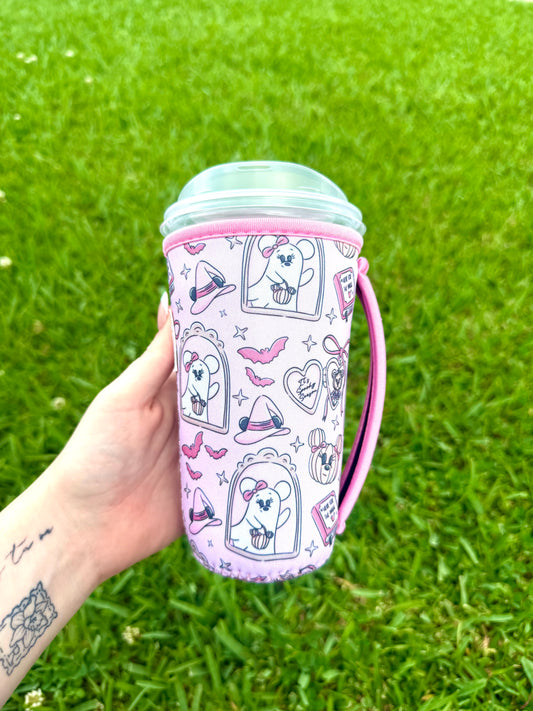Disney Halloween Pink & White Ghost Large Cup Sleeve With Handle