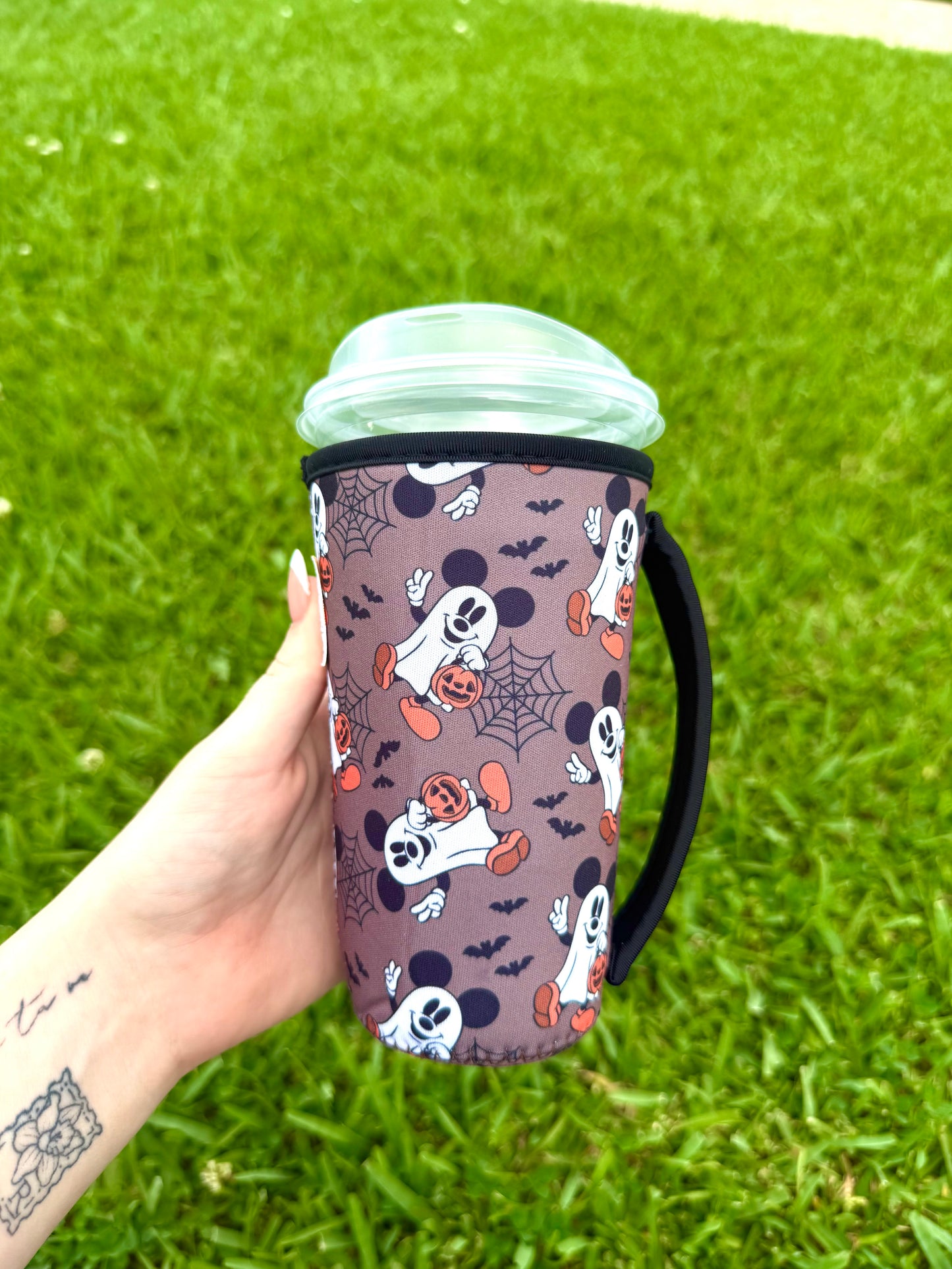 Disney Halloween Mickey White Ghost With Pumpkin Large Cup Sleeve With Handle