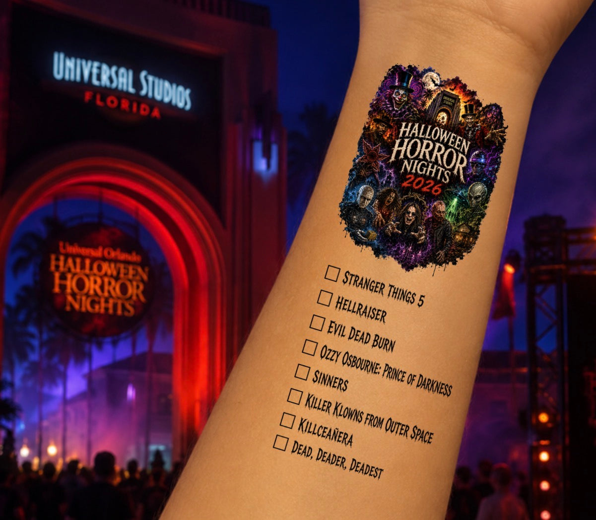 Halloween Horror Nights Hollywood 2026 Checklist Temporary Tattoo