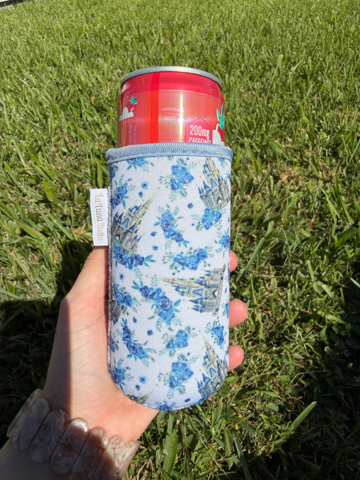 Blue Floral Castle Slim Can Cup Sleeve